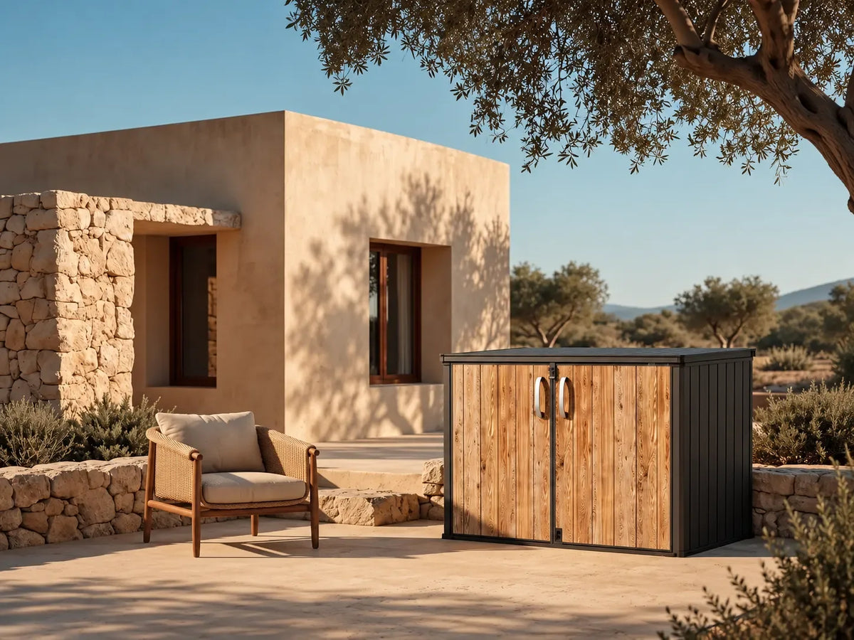 TERKKIN storage shed in a landscaped outdoor space