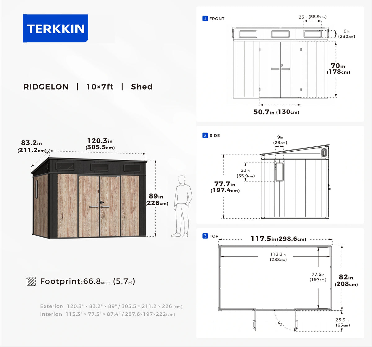 TERKKIN RIDGELON 10 x 7 ft Pent Roof Outdoor Storage Shed Pro Ashwood Brown 3D