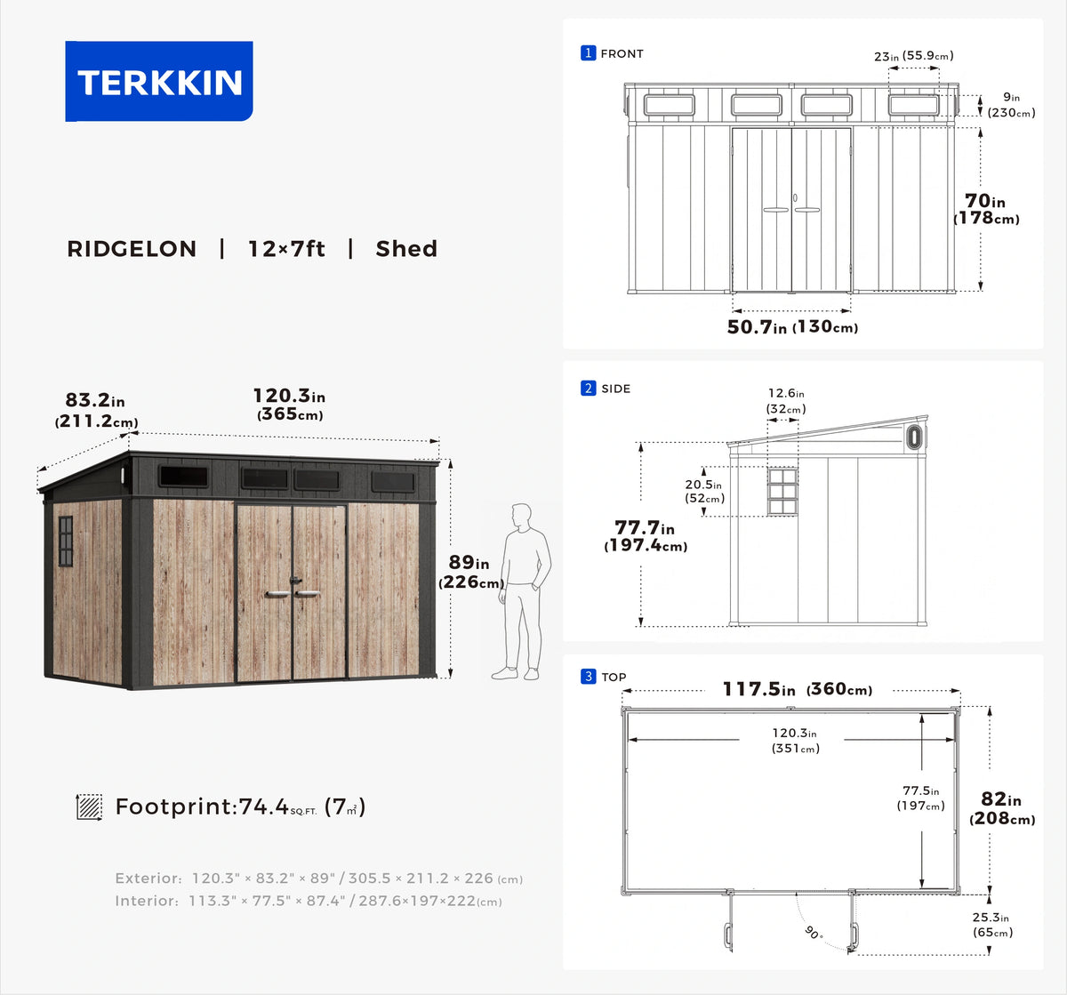 TERKKIN RIDGELON 12 x 7 ft Pent Roof Outdoor Storage Shed Pro Ashwood Brown 3D