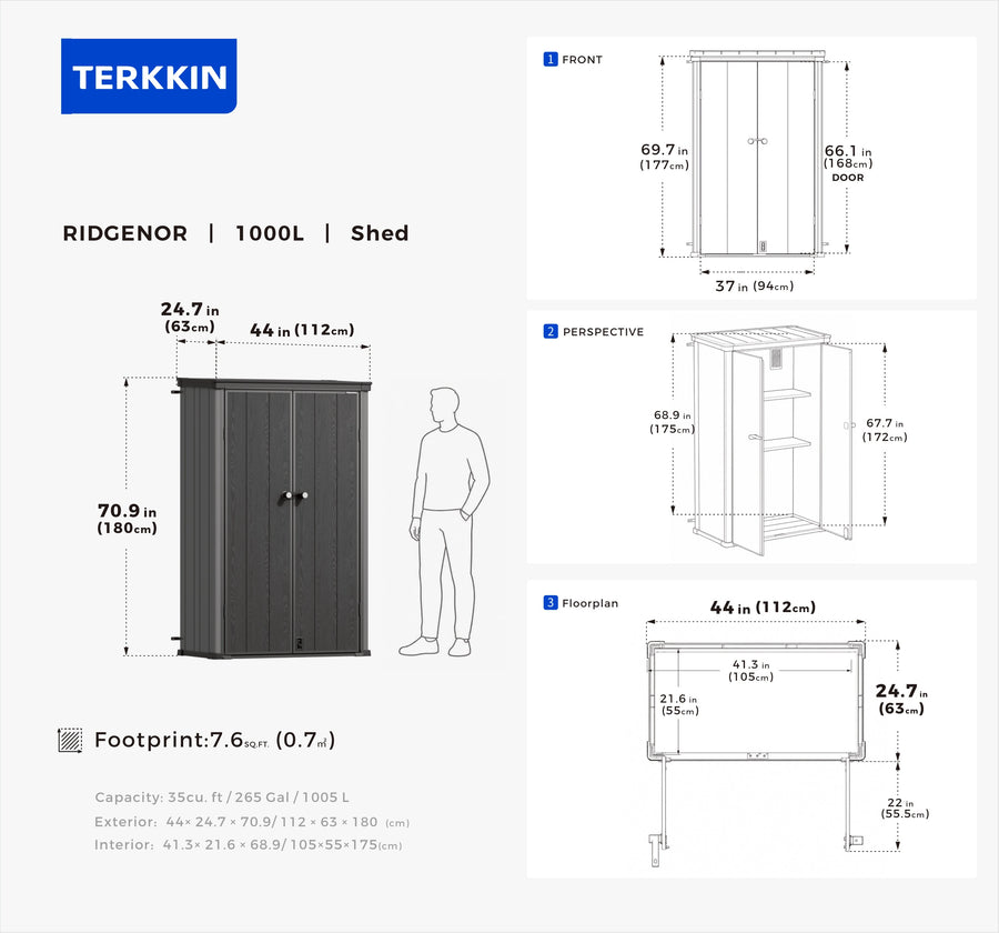 TERKKIN RIDGENOR Vertical 3.7 x 2.1 ft Tall 1000L Storage Shed Standard Ultimate Grey