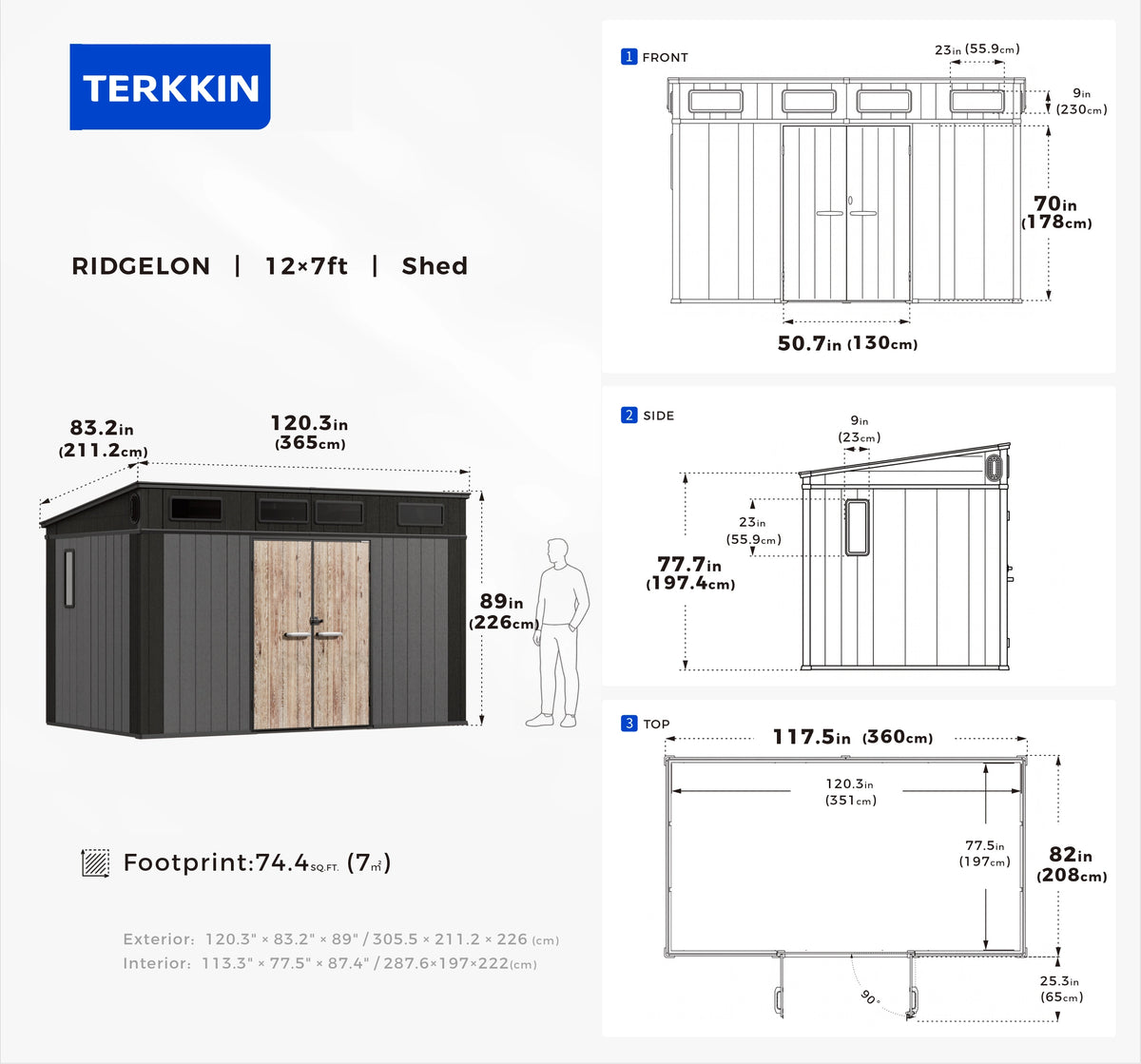 TERKKIN RIDGELON 12 x 7 ft Pent Roof Outdoor Storage Shed Standard Graphite Grey