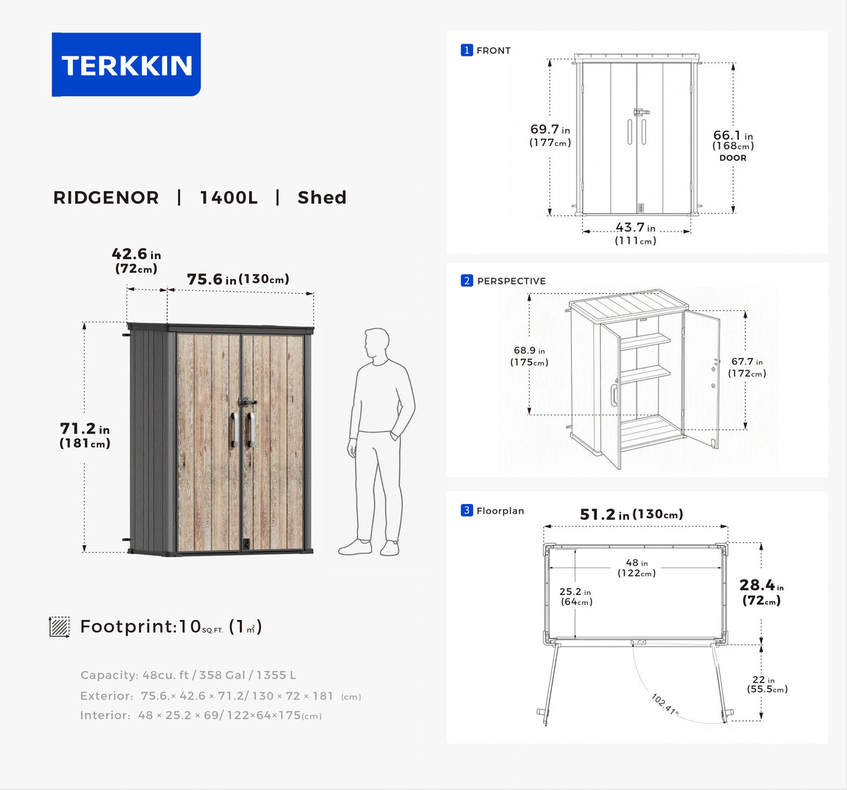 TERKKIN RIDGENOR Vertical 4.3 x 2.4 ft Tall 1400L Storage Shed Ultra Dark Walnut 3D