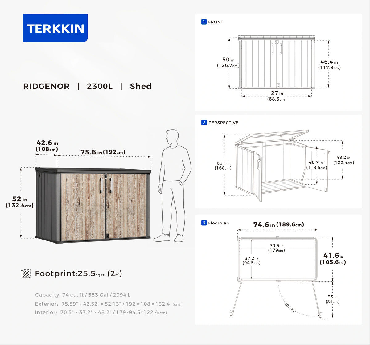 TERKKIN RIDGENOR 82 cu. ft Extra-Large Horizontal Outdoor Storage Shed, 6.3 ft W × 3.6 ft D, Pro, Ashwood Brown 3D