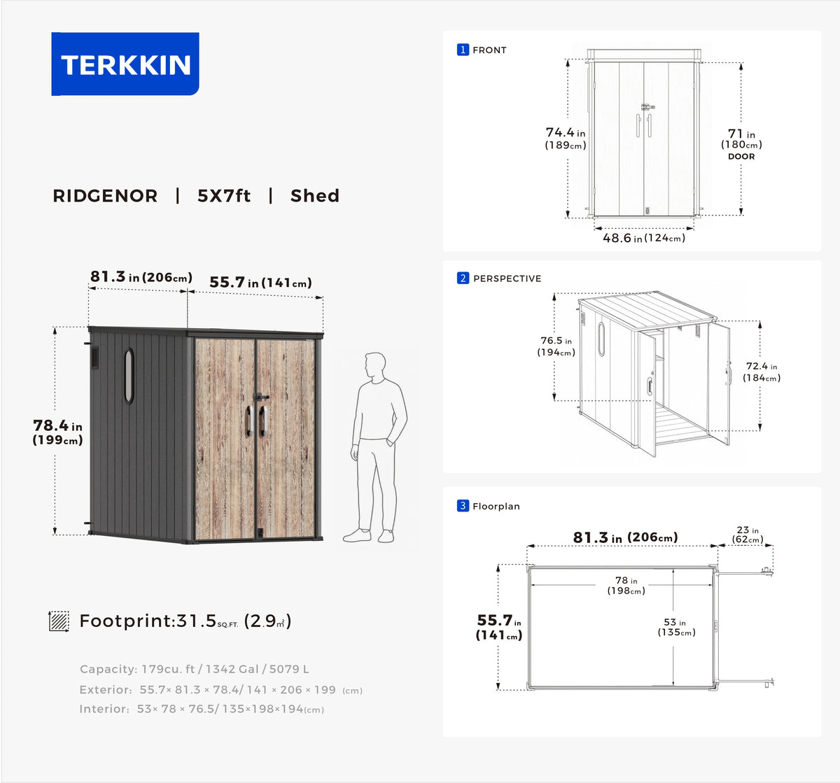 TERKKIN RIDGENOR Vertical 5 x 7 ft Tall Storage Shed Pro Ashwood Brown 3D
