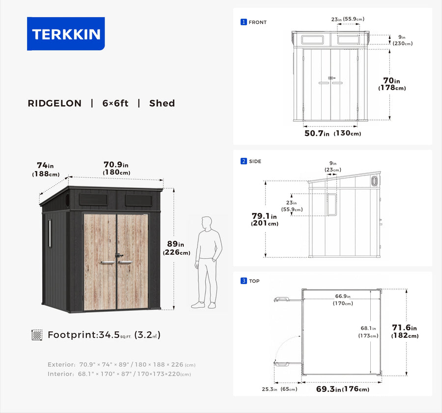 TERKKIN RIDGELON 6 x 6 ft Pent Roof Outdoor Storage Shed Standard Graphite Grey