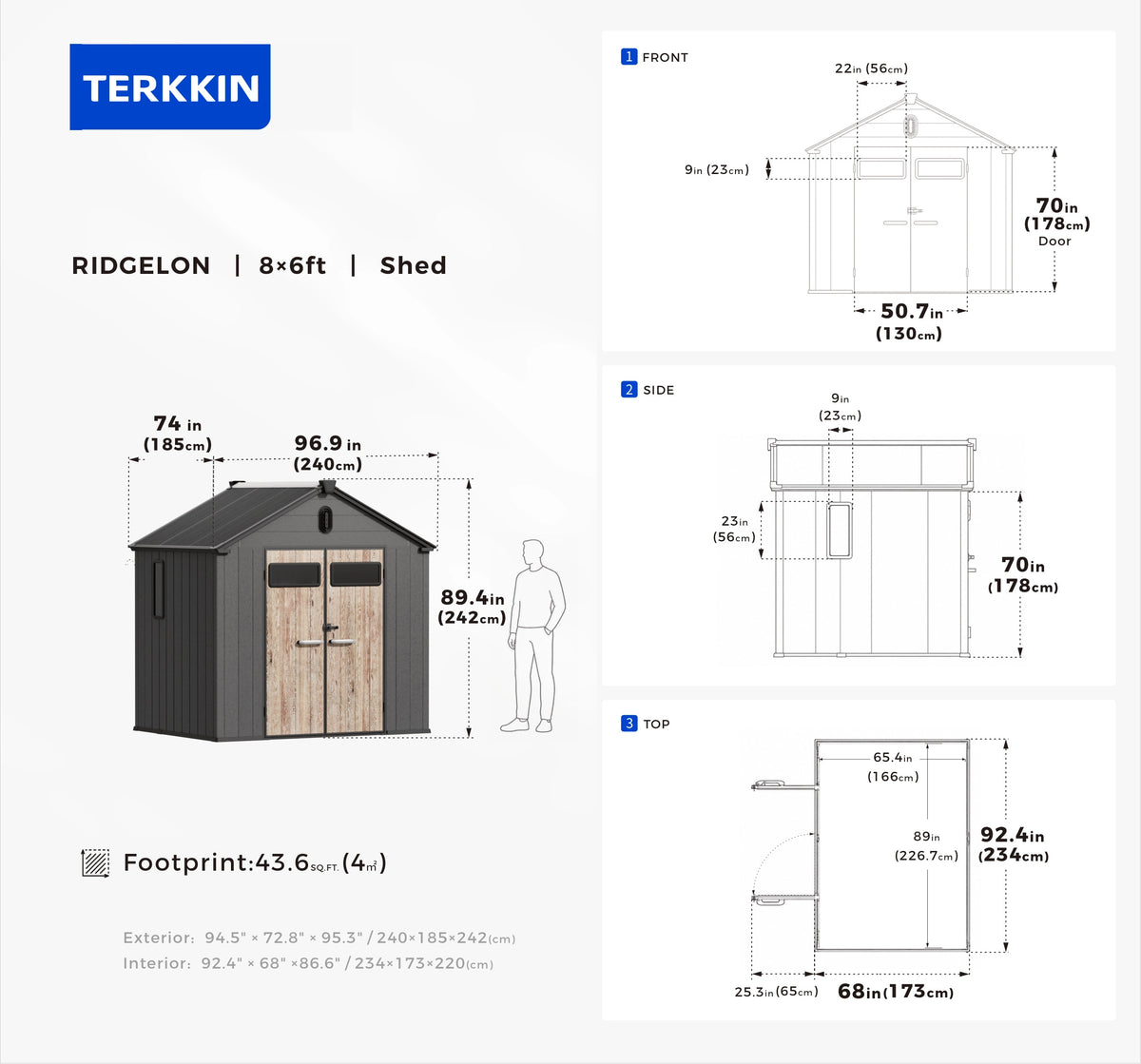 TERKKIN MONTELON 8 x 6 ft Gable Roof Outdoor Storage Shed Graphite Grey