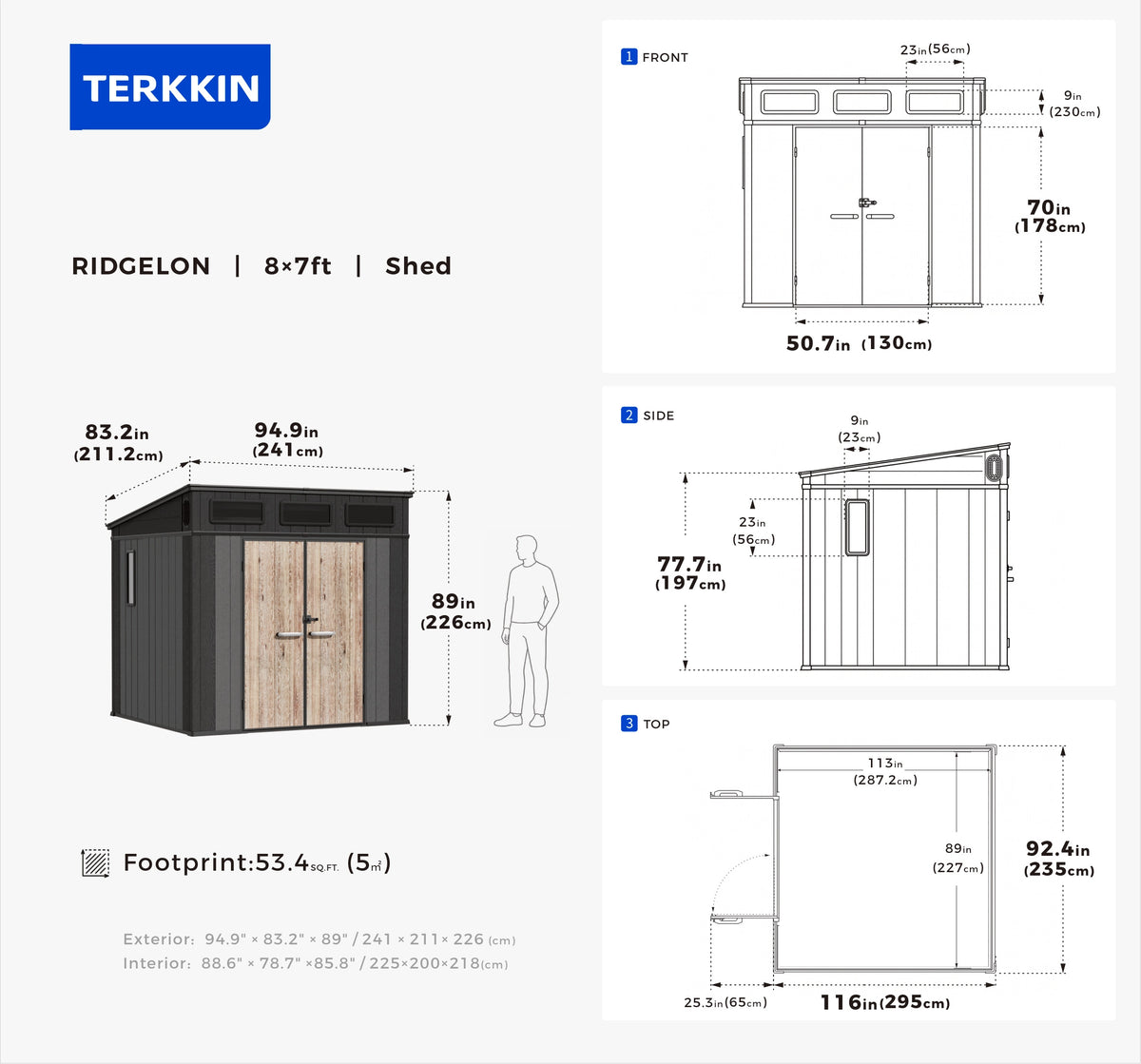 TERKKIN RIDGELON 8 x 7 ft Gable Roof Outdoor Storage Shed Standard Graphite Grey