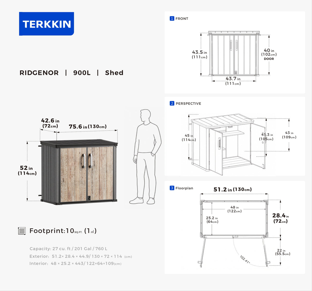 TERKKIN RIDGENOR Vertical 4.3 x 2.4 ft 900L Storage Shed Pro Ashwood Brown 3D