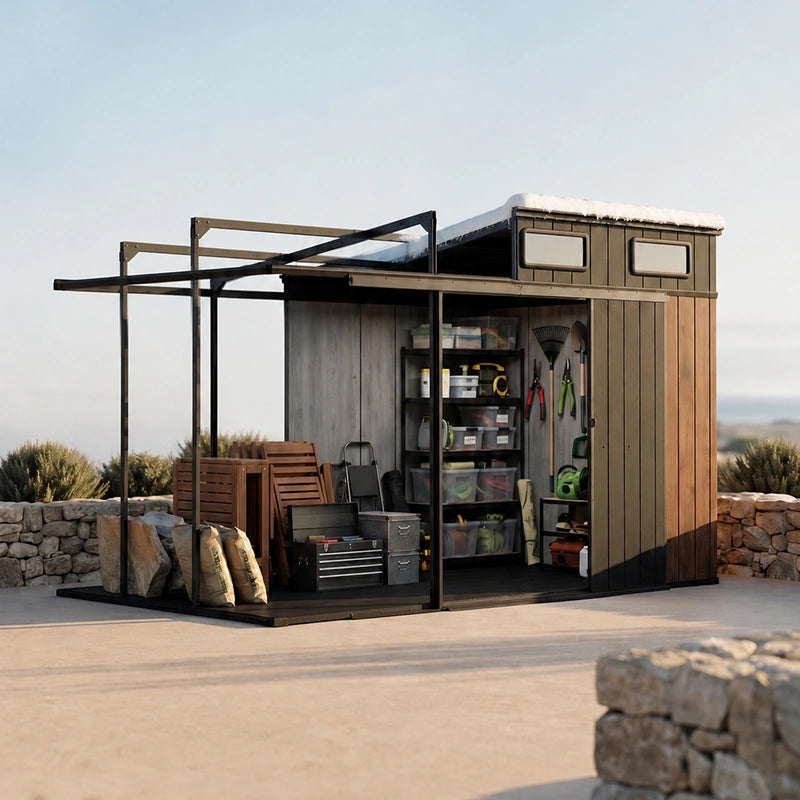 TERKKIN Pent 12x7 Storage Resin Shed Ultra Dark Walnut 3D