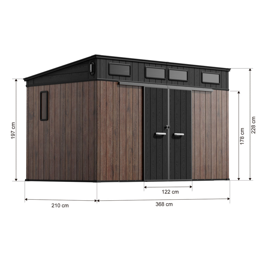 TERKKIN Pent 12x7 Storage Resin Shed Ultra Dark Walnut 3D specification image