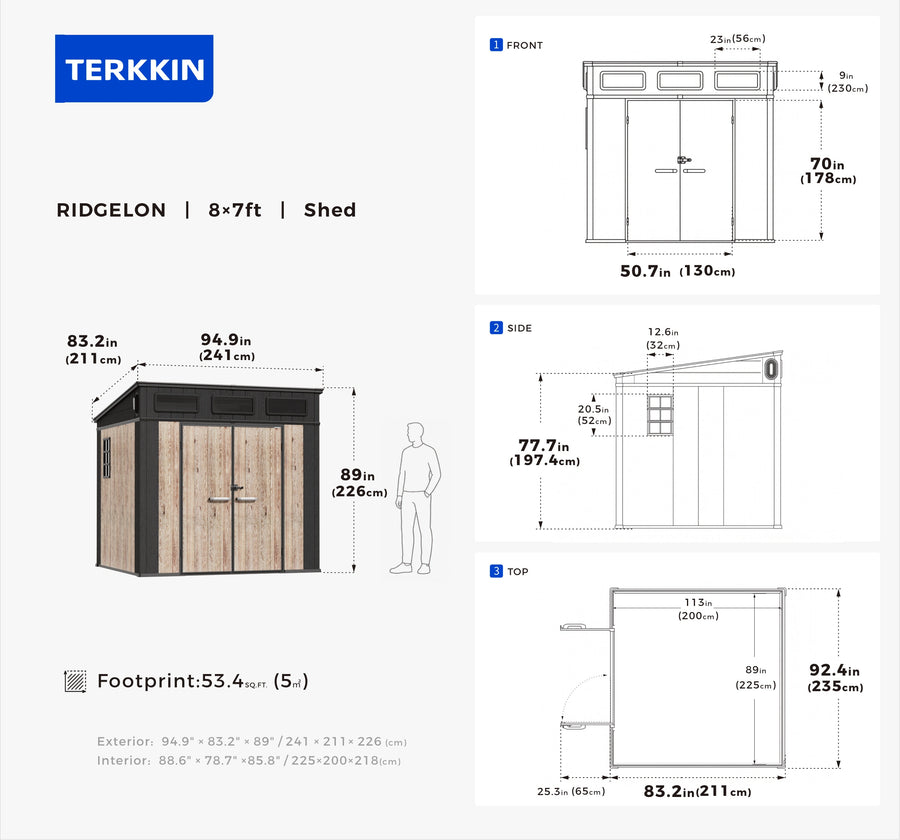 TERKKIN RIDGELON 8 x 7 ft Pent Roof Outdoor Storage Shed Pro Ashwood Brown 3D