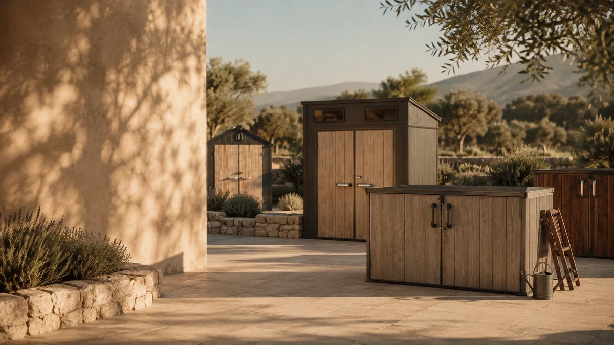 TERKKIN outdoor storage structures displayed in a residential outdoor setting