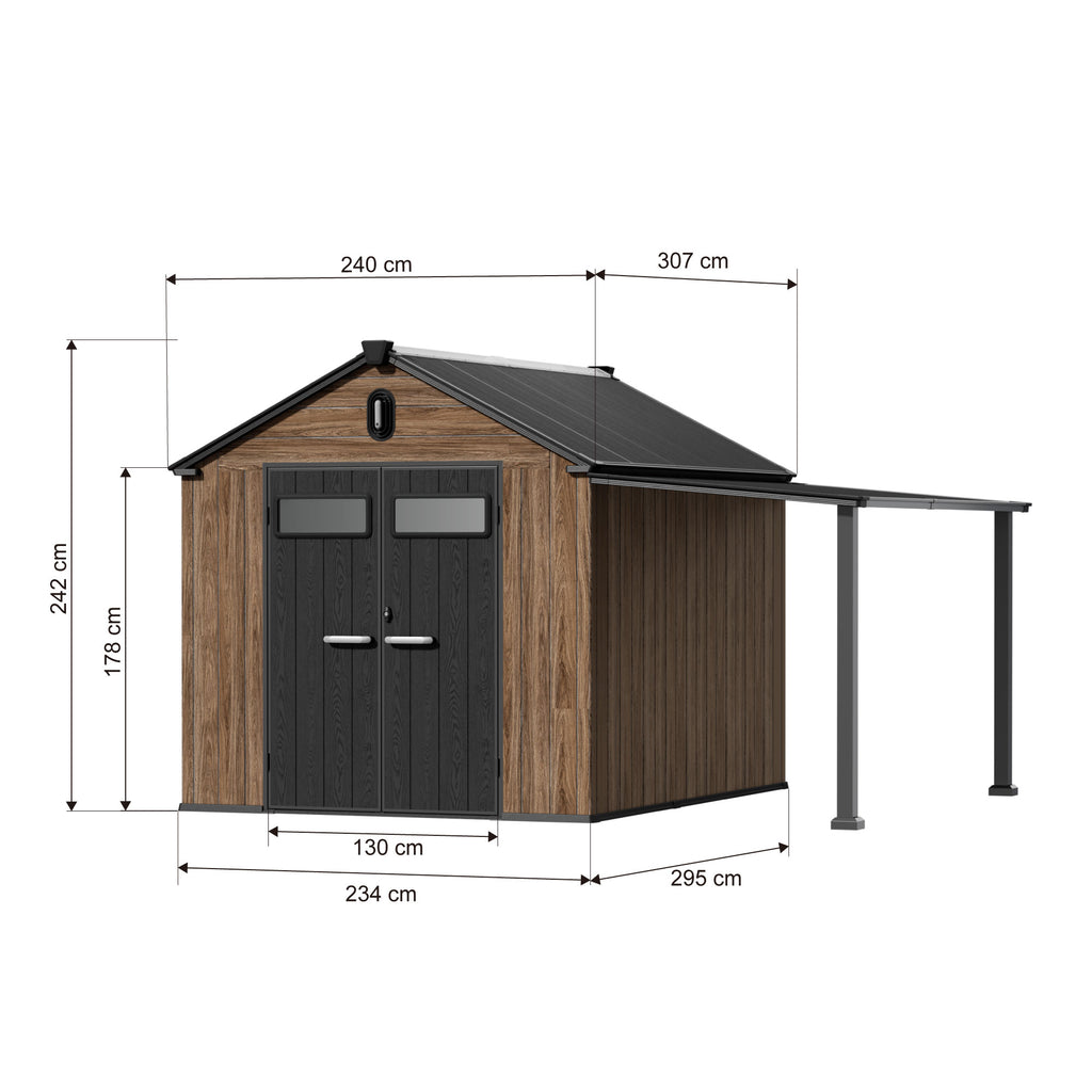 TERKKIN KingCenter2 Gable 8x10 Storage Shed Pro Warm Oak 3D - Dimensions
