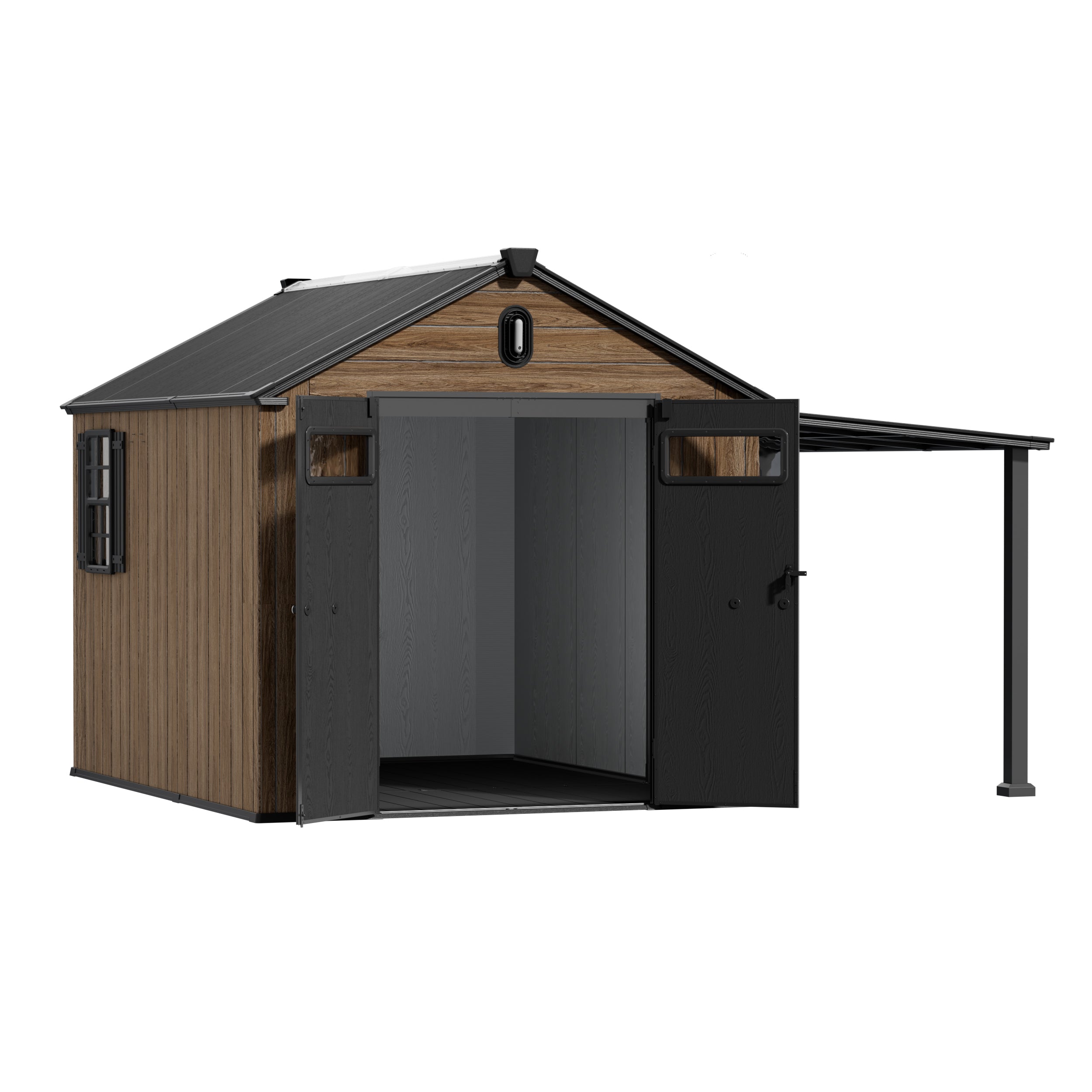TERKKIN KingCenter2 Gable 8x10 Storage Shed Pro Warm Oak 3D - Open view