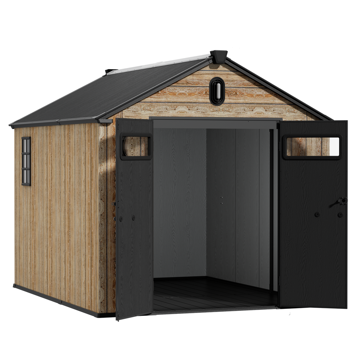 Open storage shed showing panels and interior
