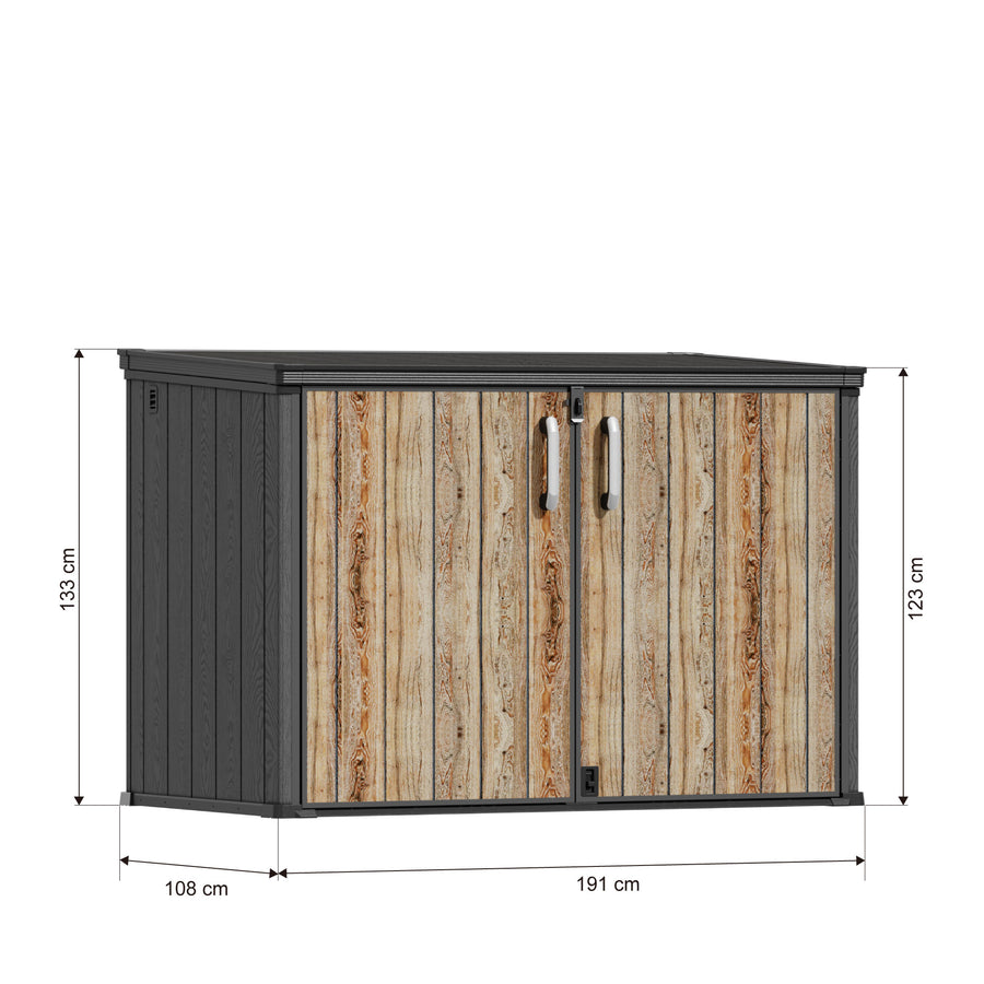 TERKKIN RIDGENOR 82 cu. ft Extra-Large Horizontal Outdoor Storage Shed, 6.3 ft W × 3.6 ft D, Pro, Ashwood Brown 3D specification image