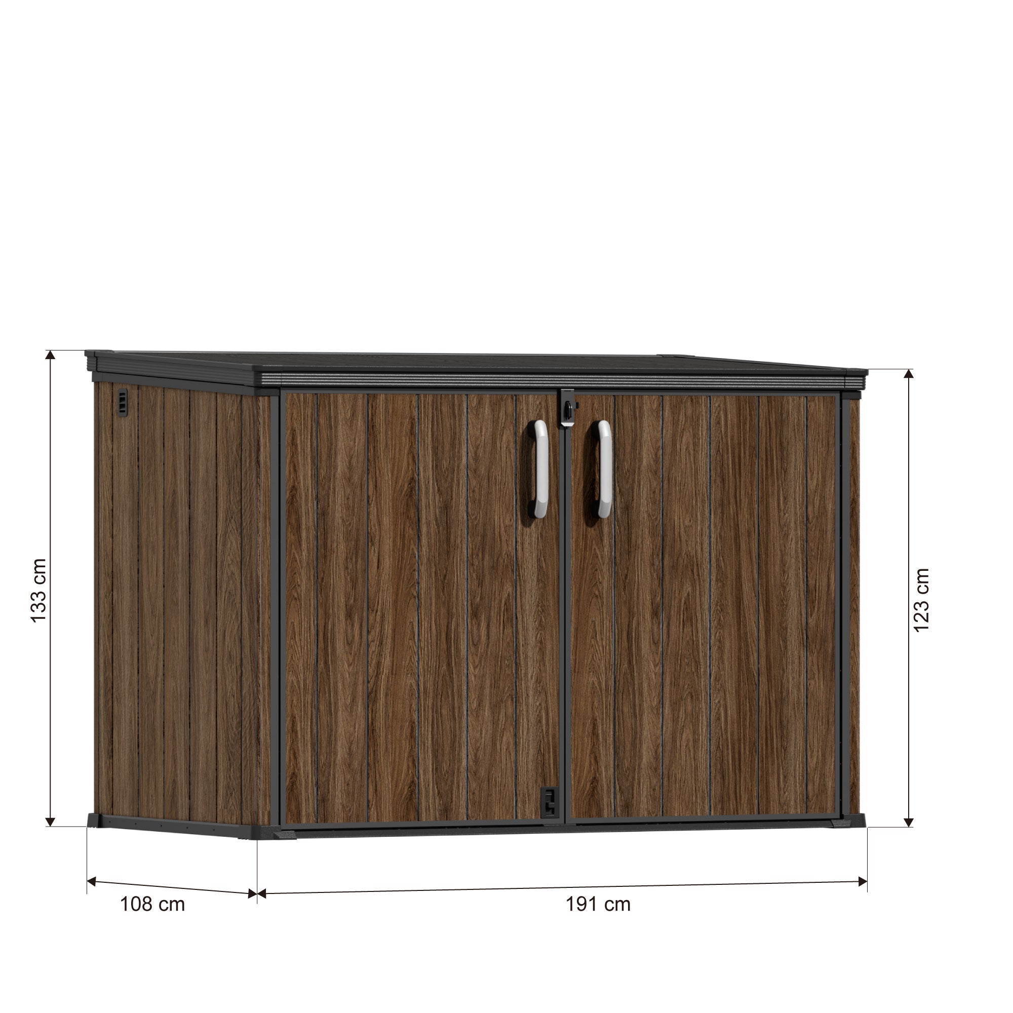 TERKKIN KingCenter2 Horizontal 6.3x3.6ft 2300L Storage Shed Ultra Warm Oak 3D - Dimensions
