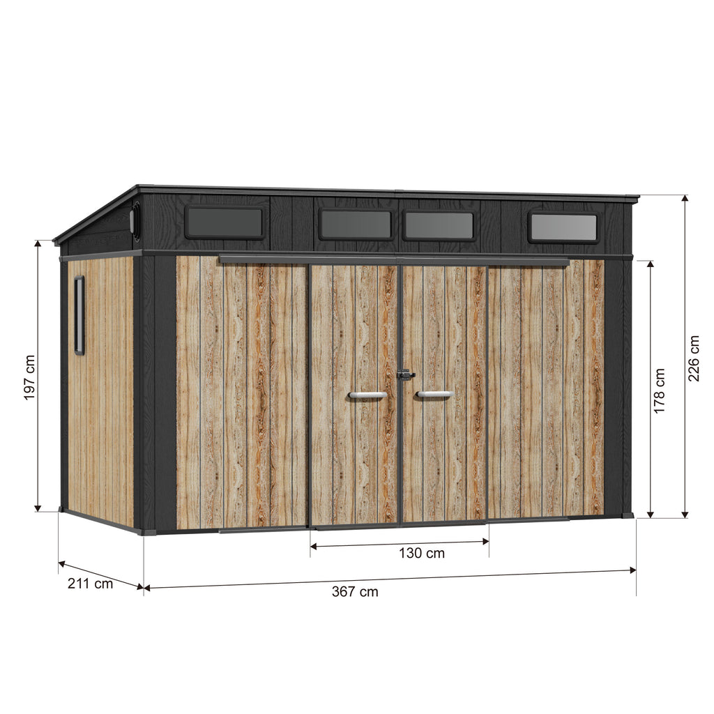 TERKKIN RIDGELON Pent 12x7 Storage Shed Pro Ashwood Brown 3D - Dimensions