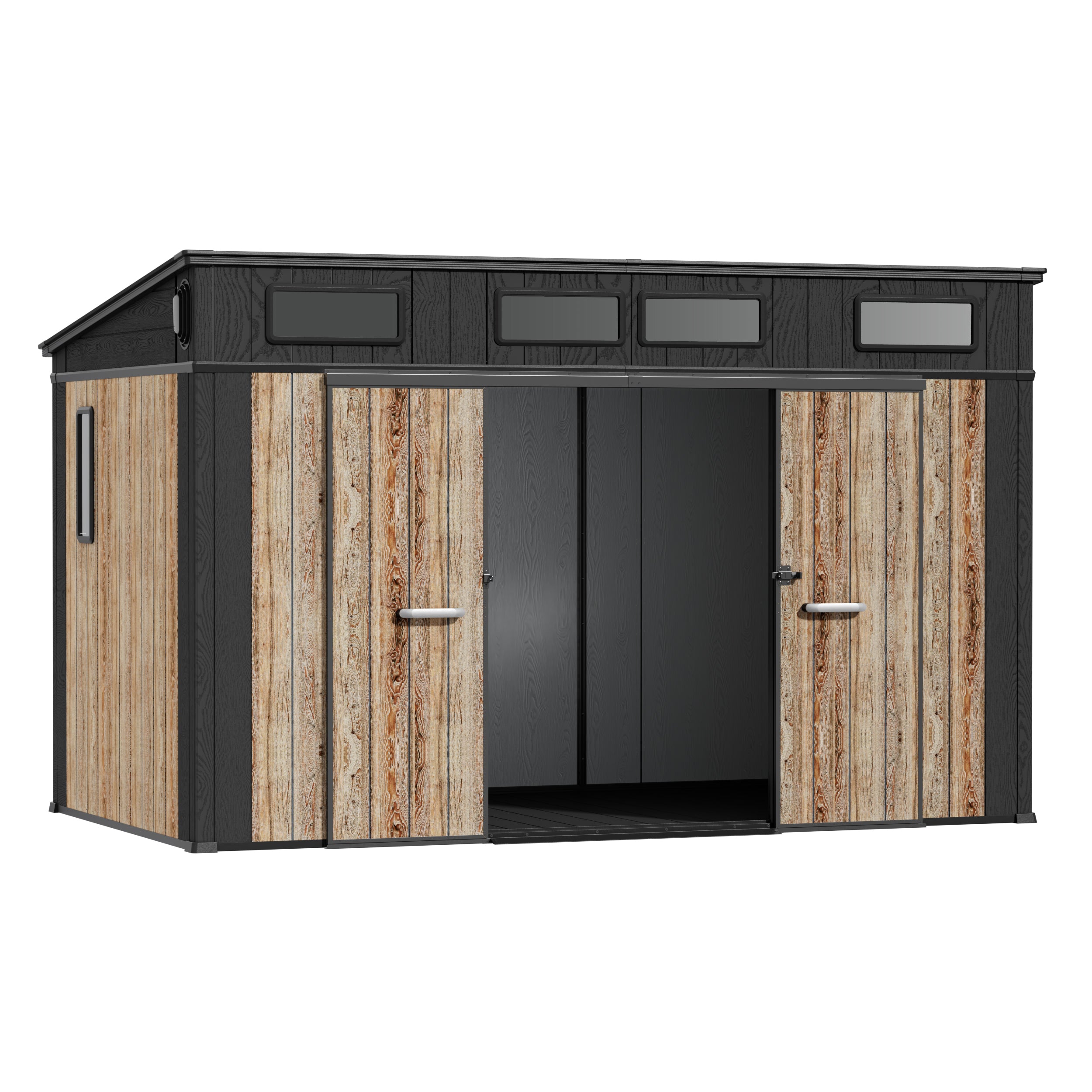 TERKKIN RIDGELON Pent 12x7 Storage Shed Pro Ashwood Brown 3D - Open view