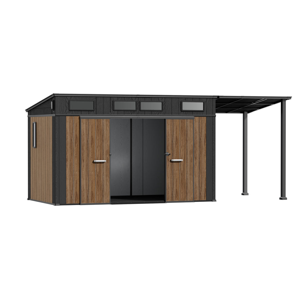 TERKKIN KingCenter2 Pent 12x7 Storage Shed Ultra Warm Oak 3D - Open view