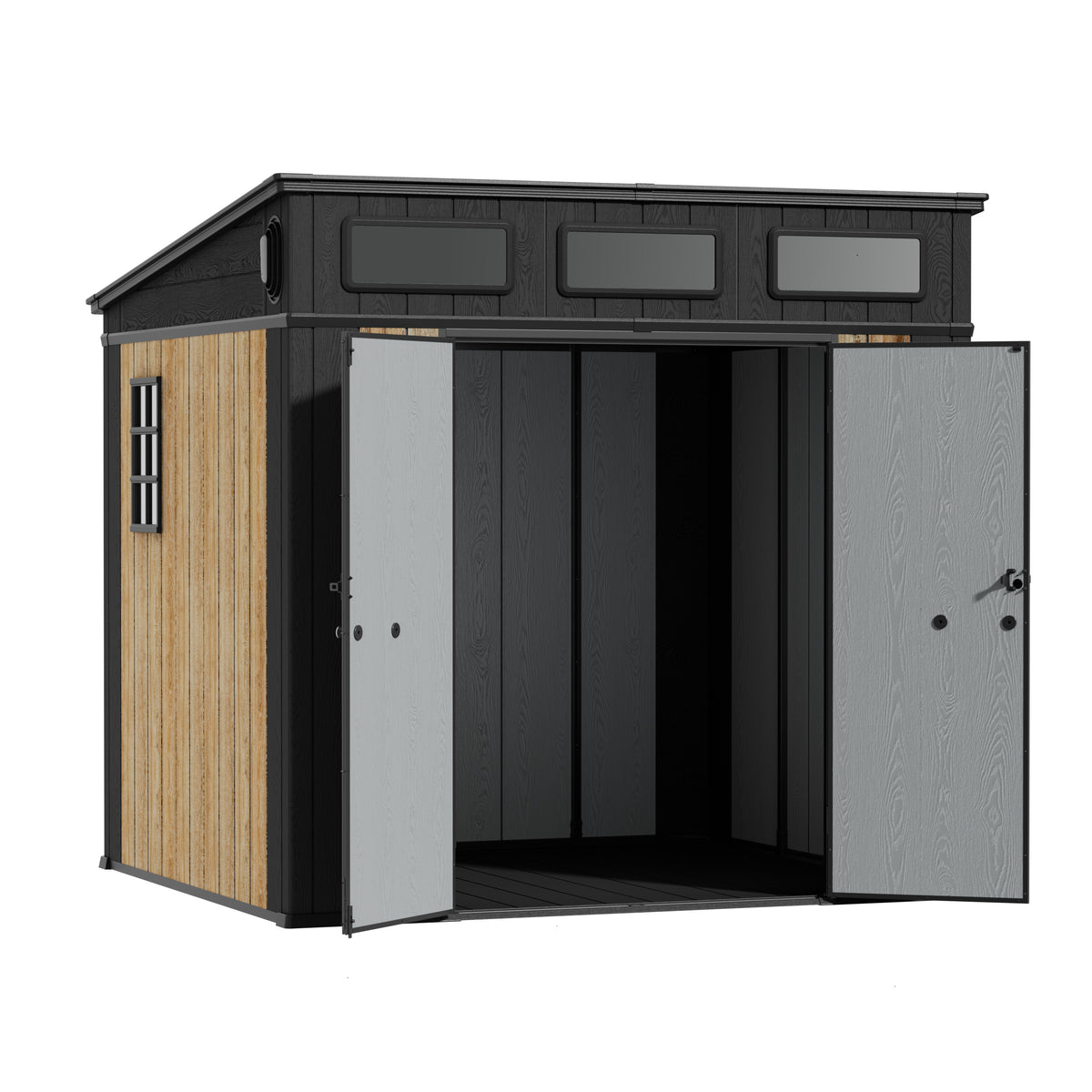 TERKKIN RIDGELON Pent 8x7 Storage Shed Pro Ashwood Brown 3D - Open view Secondary image