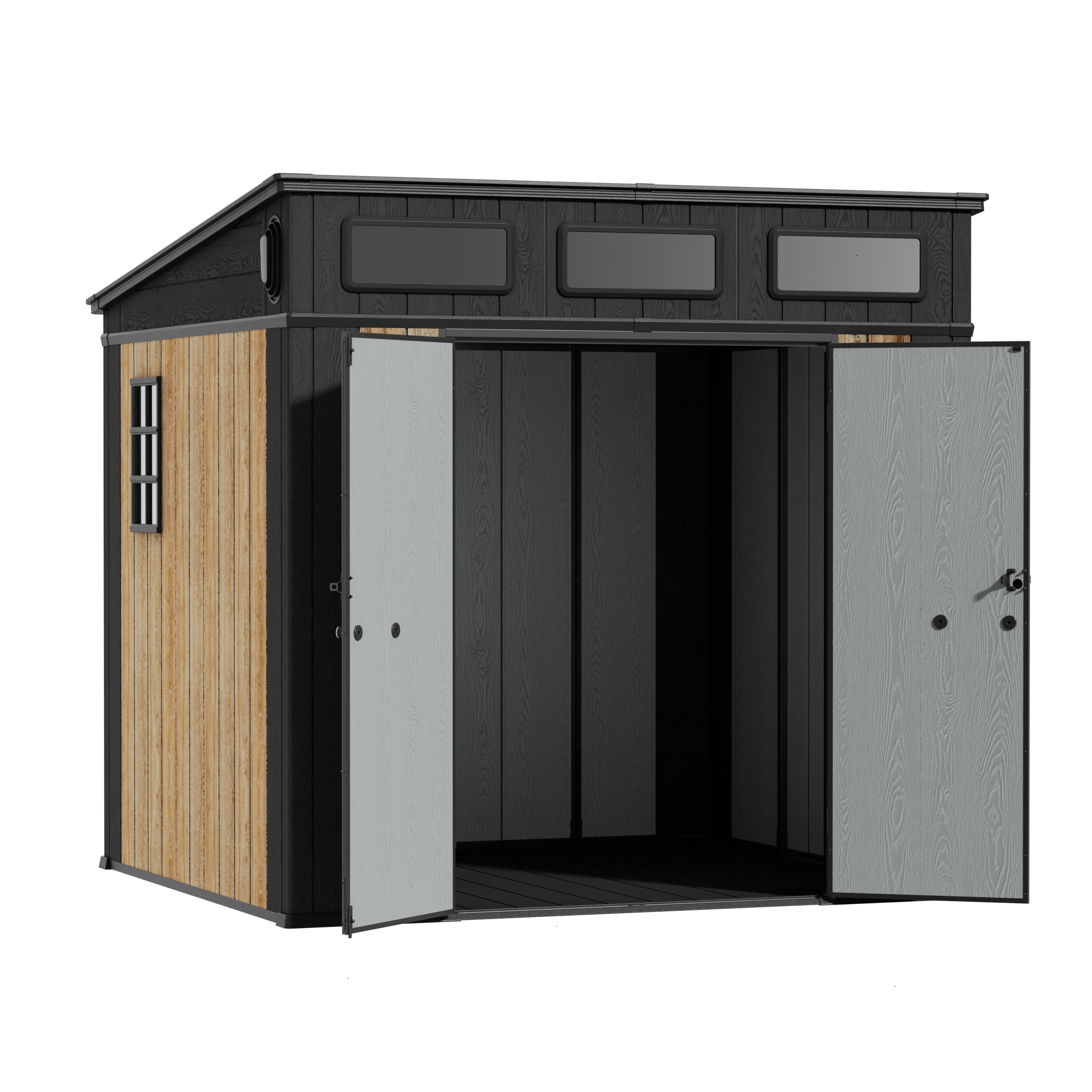 TERKKIN RIDGELON Pent 8x7 Storage Shed Pro Ashwood Brown 3D - Open view