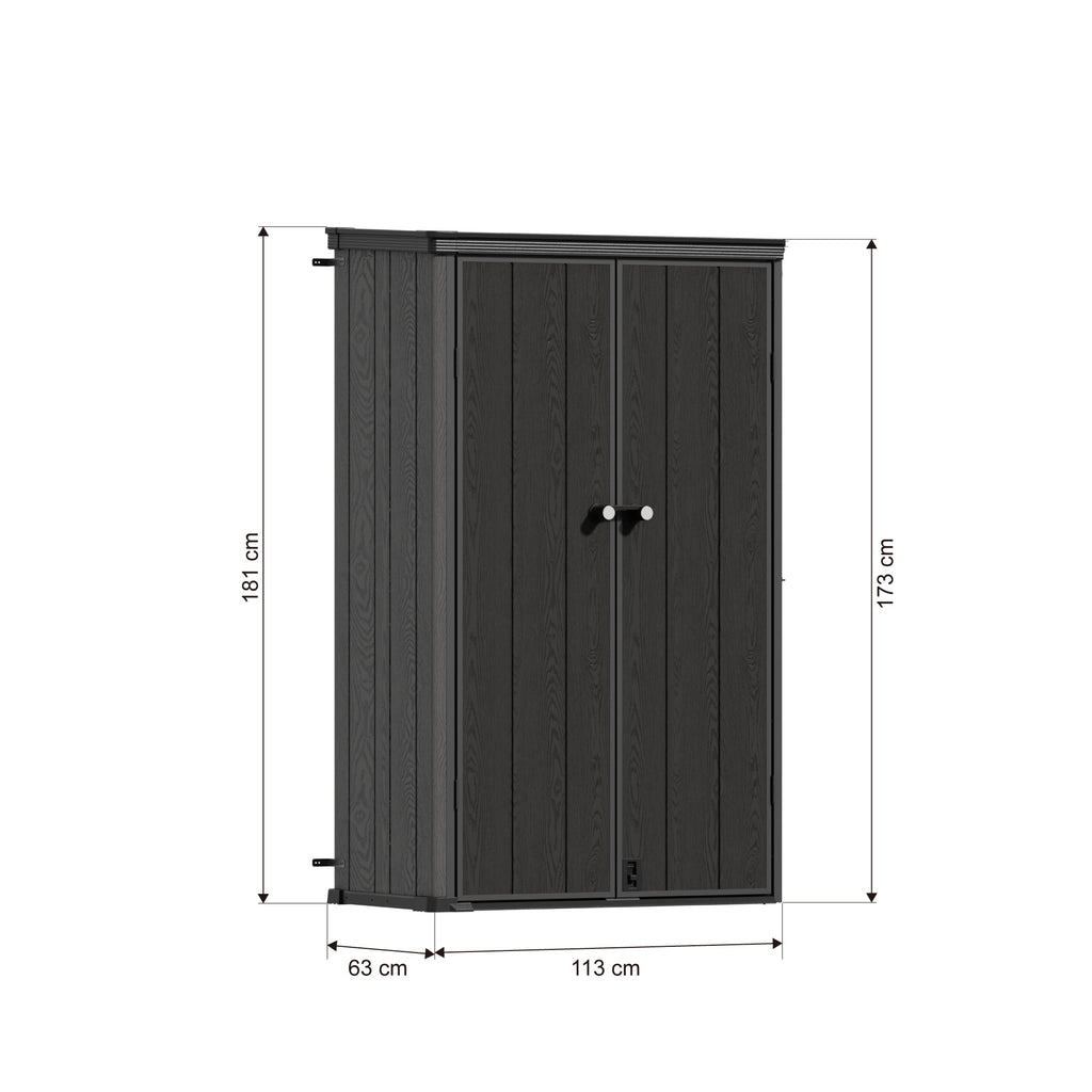 TERKKIN KingCenter2 Vertical 3.7x2.1ft Tall 1000L Storage Shed Standard Teak Brown - Dimensions