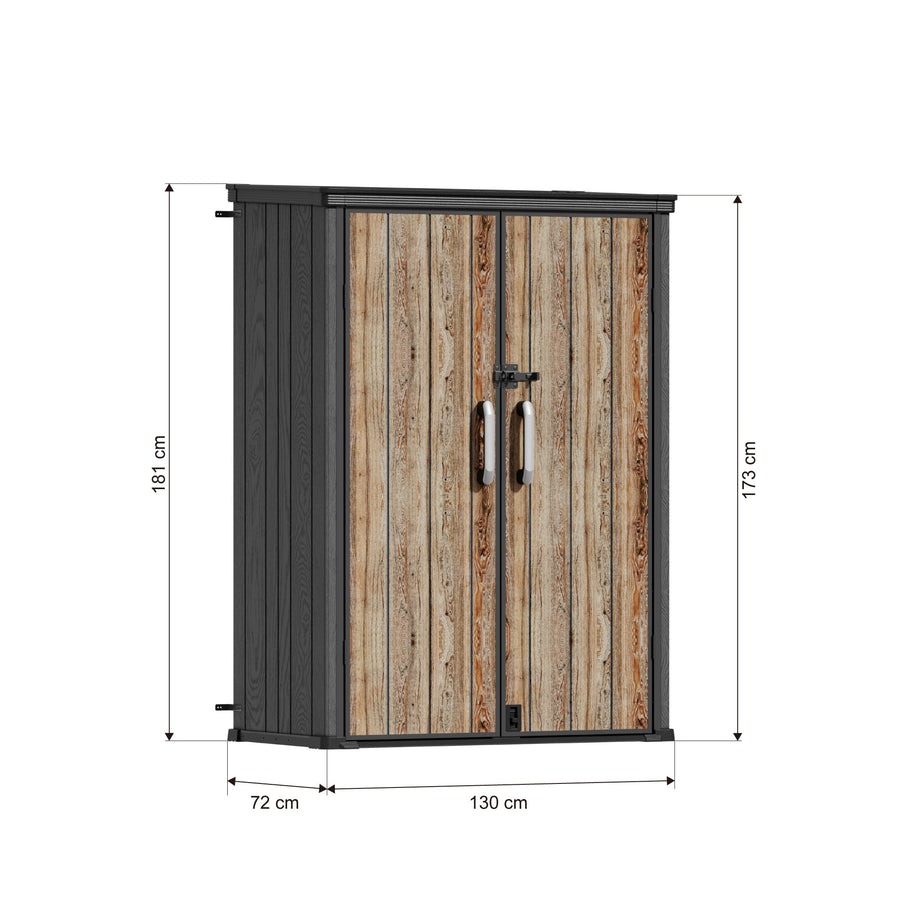 TERKKIN RIDGENOR Vertical 4.3 x 2.4 ft Tall 1400L Storage Shed Pro Ashwood Brown 3D specification image