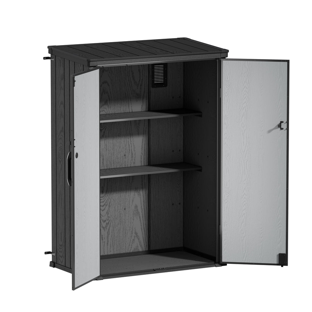 TERKKIN RIDGENOR Vertical 4.3x2.4ft Tall 1400L Storage Shed Pro Ashwood Brown 3D - Open view