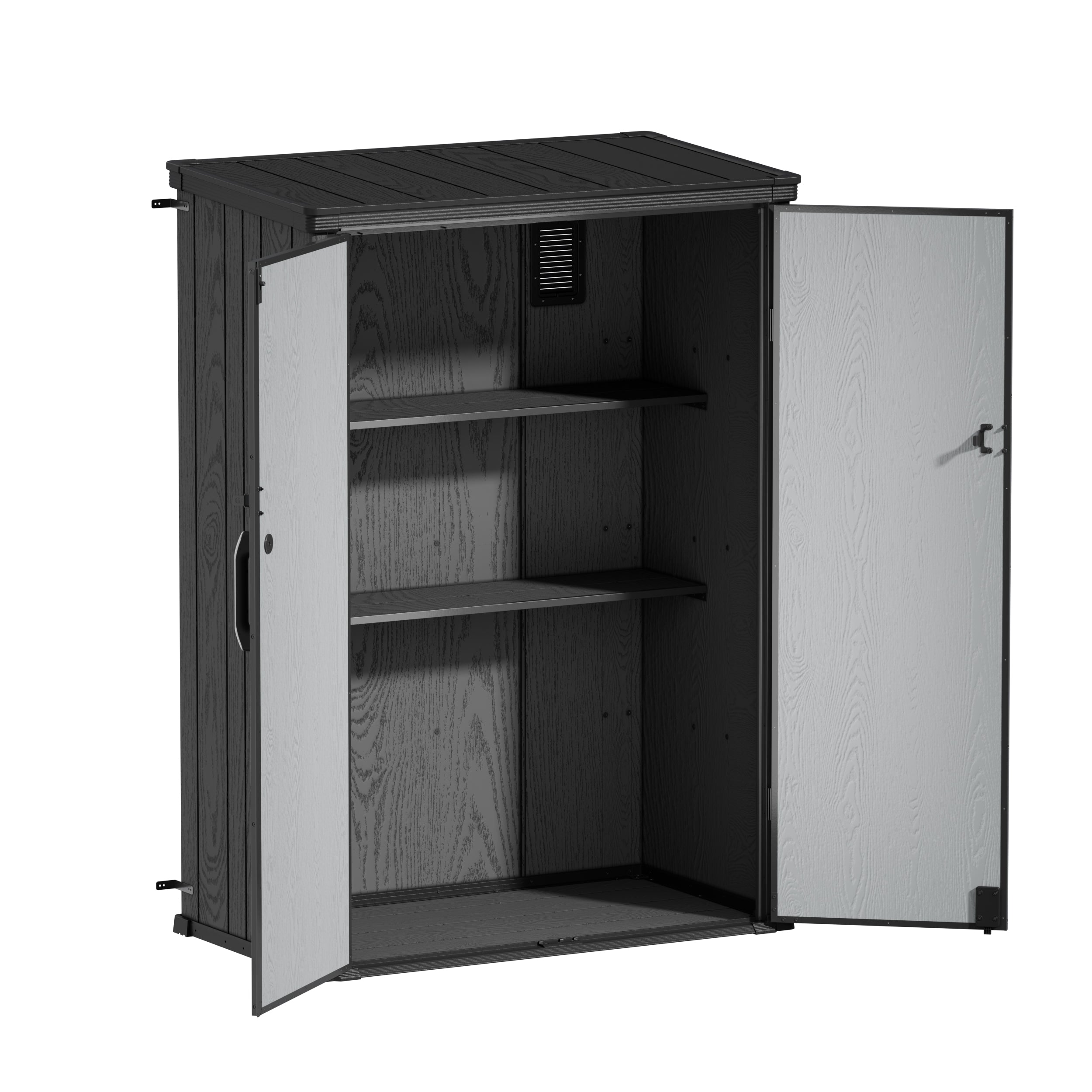 TERKKIN RIDGENOR Vertical 4.3x2.4ft Tall 1400L Storage Shed Pro Ashwood Brown 3D - Open view