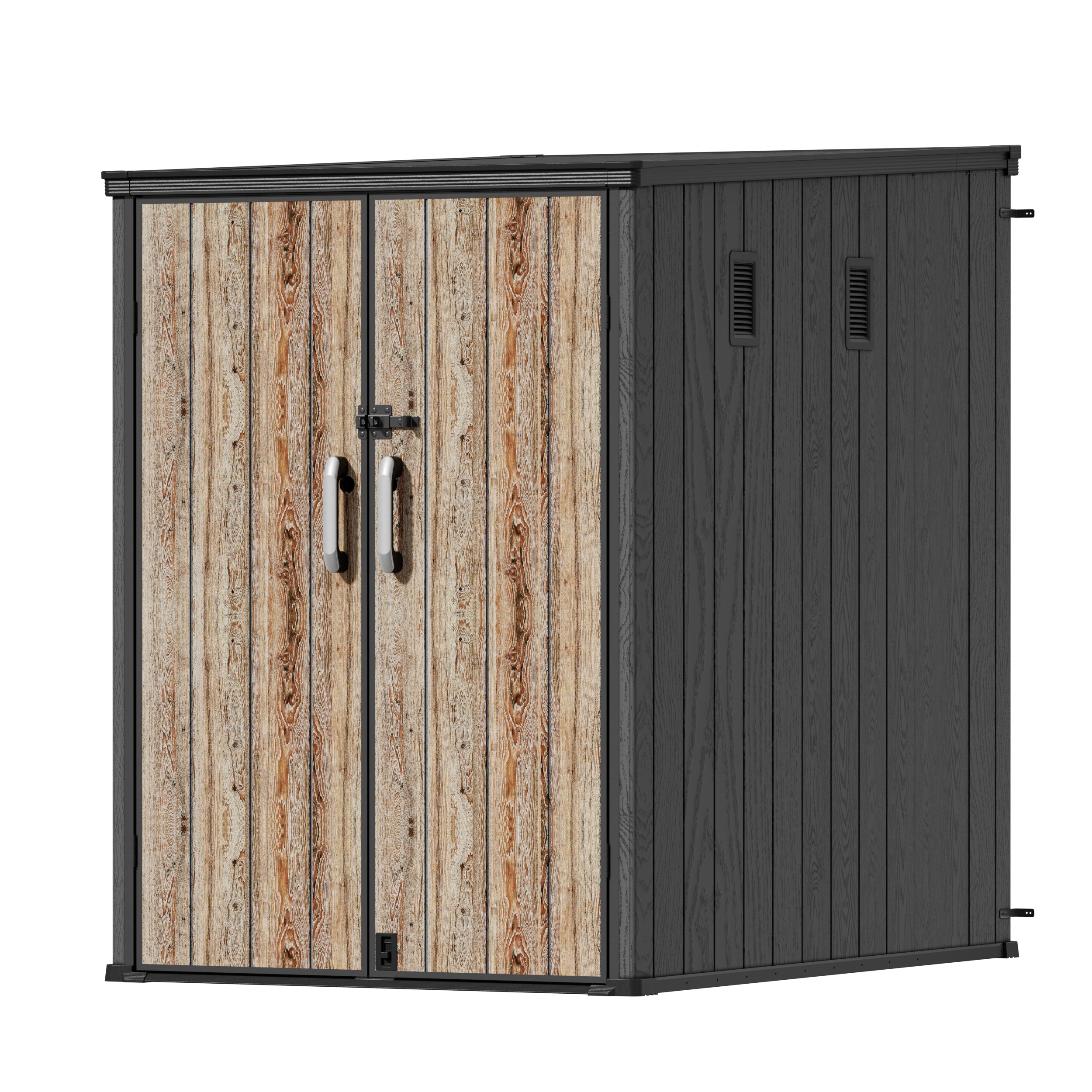 TERKKIN RIDGENOR Vertical 5x7ft Tall Storage Shed Pro Ashwood Brown 3D - Main view Secondary image