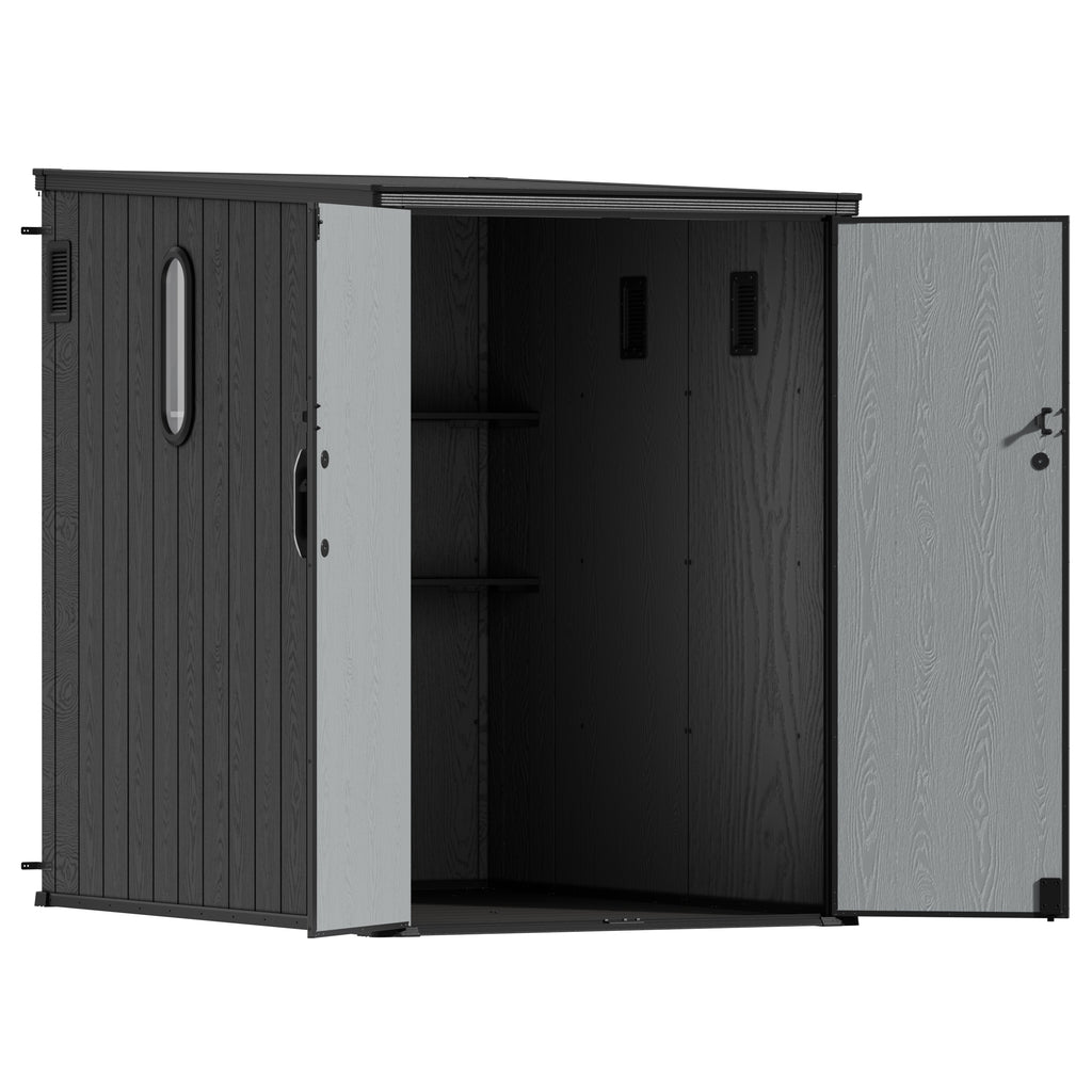 TERKKIN RIDGENOR Vertical 5x7ft Tall Storage Shed Pro Ashwood Brown 3D - Open view