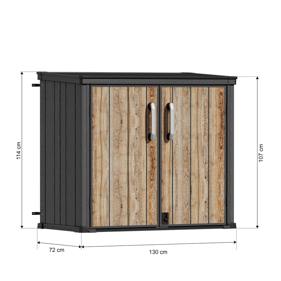 TERKKIN RIDGENOR Vertical 4.3 x 2.4 ft 900L Storage Shed Pro Ashwood Brown 3D specification image