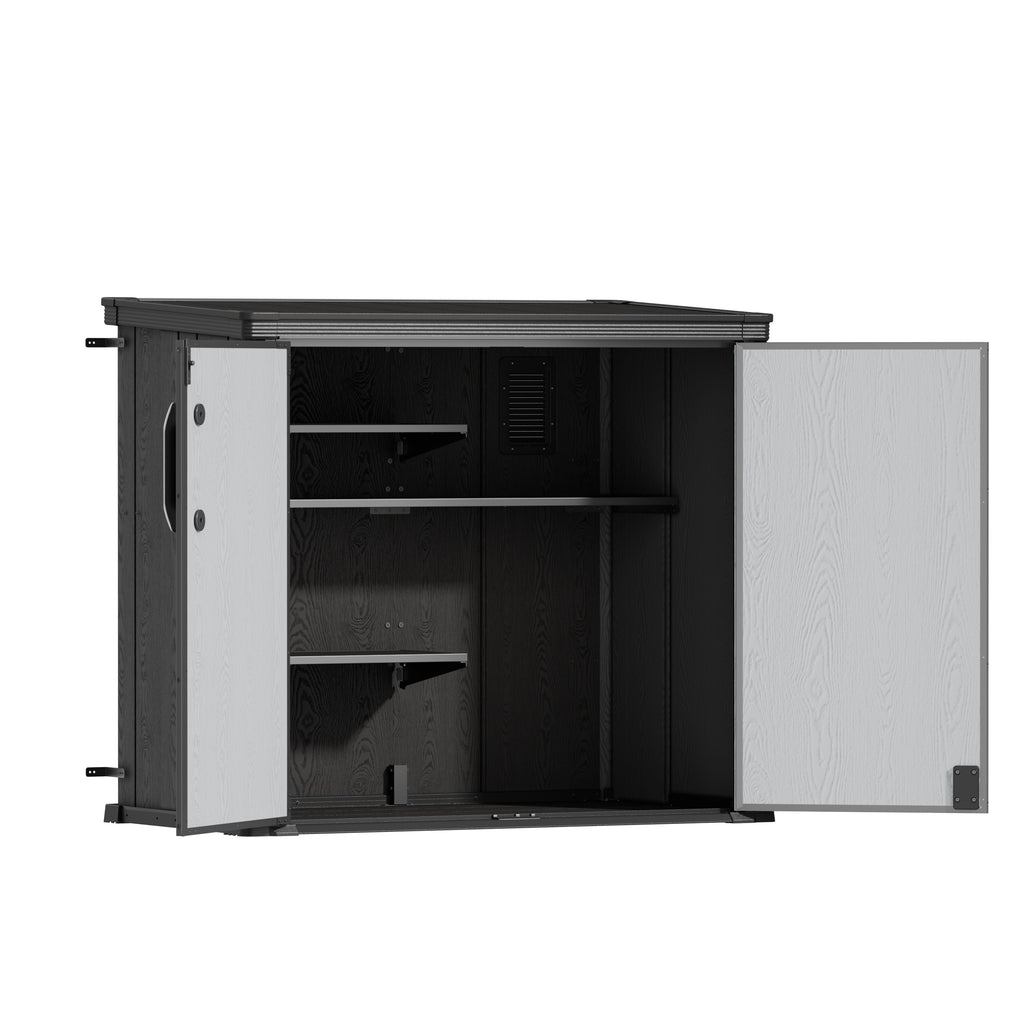 TERKKIN RIDGENOR Vertical 4.3x2.4ft 900L Storage Shed Pro Ashwood Brown 3D - Open view