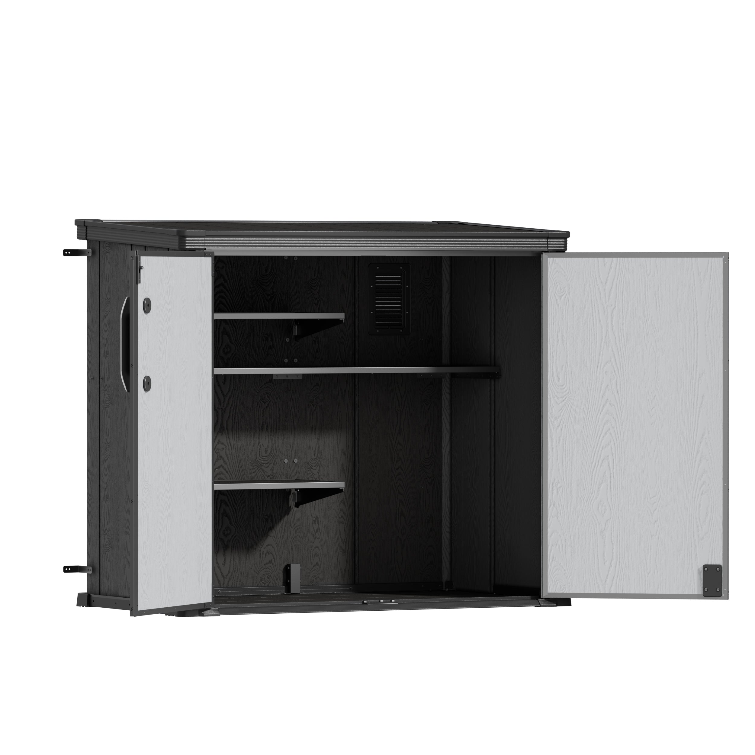 TERKKIN RIDGENOR Vertical 4.3x2.4ft 900L Storage Shed Pro Ashwood Brown 3D - Open view